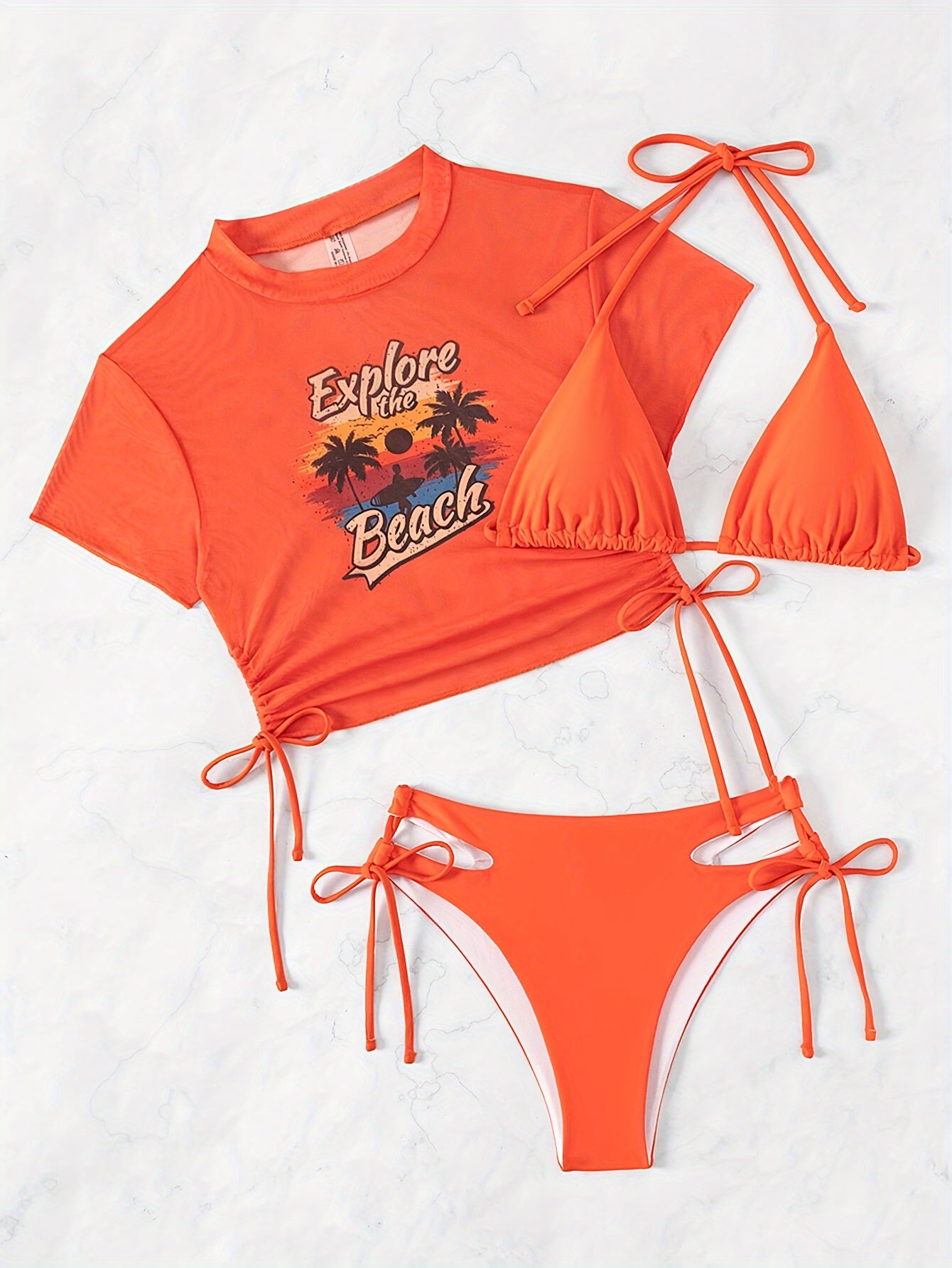 Women's Bikini Set, Three-piece Swimsuit With Short Sleeve Cover-Up, High Cut Hollow-Out Tie Side Bottom, Sexy Swimwear, Beachwear